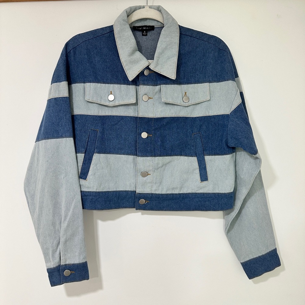 Blue Blush Womens S Cropped Denim Trucker Jacket Blue Colorblock Stripe Y2K